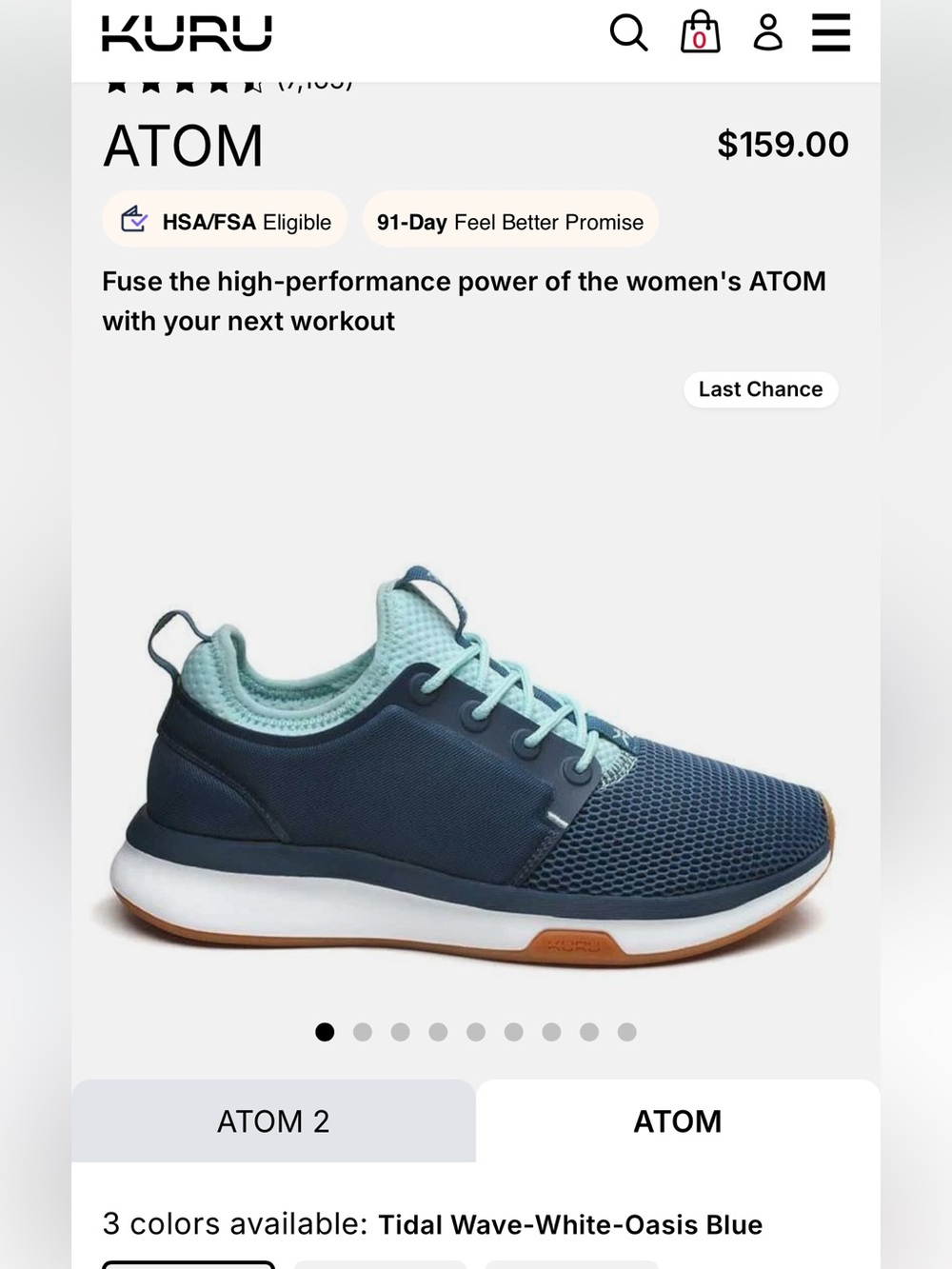 KURU Atom Sz 8 Wide in Tital Wave Teal & White Oasis Orig $159 Like New